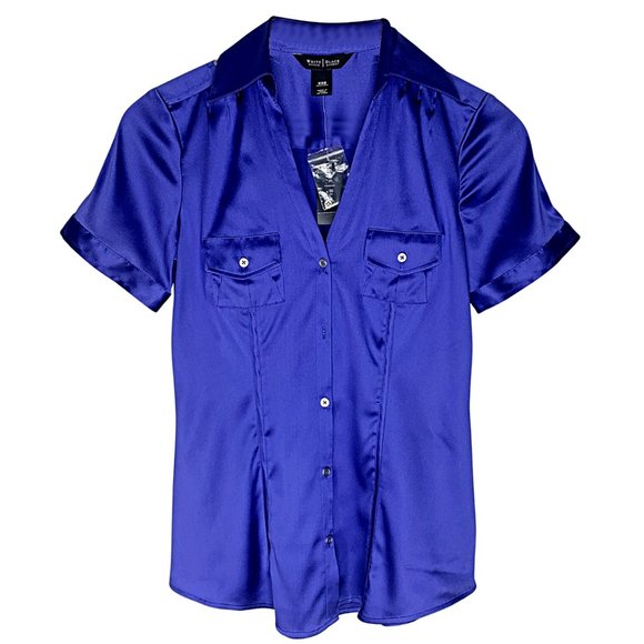 White House Black Market Tops - White House Black Market Short Sleeve Silk Button Down Blouse in Blue